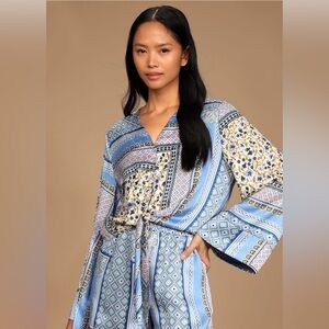 Lulus Mykonos Blue Scarf Print Tie Front Blouse Long Sleeve XS